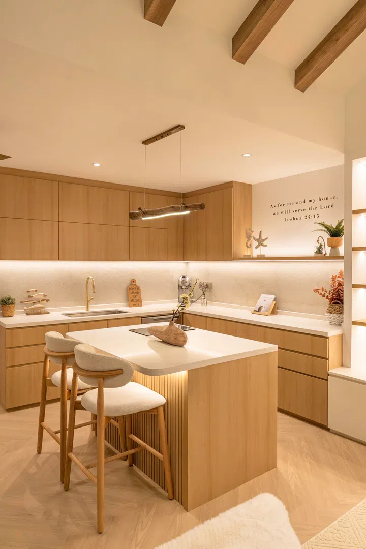 Although the dry and wet kitchens are on different levels, similar design is integrated.