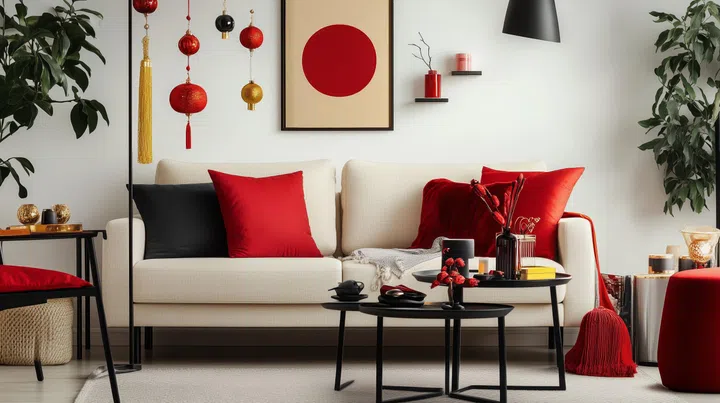 A stylish living room featuring a white sofa adorned with red and black cushions, complemented by festive decorations like lanterns and wall art, creating a vibrant atmosphere.