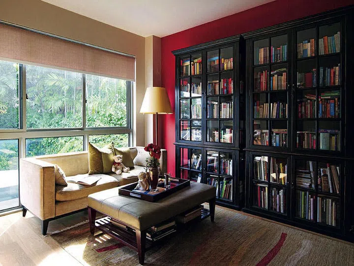 home library, home design, classic, red wall, dark wood