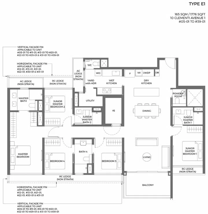 ELTA Clementi 5-bedroom (type E1) floor plan.