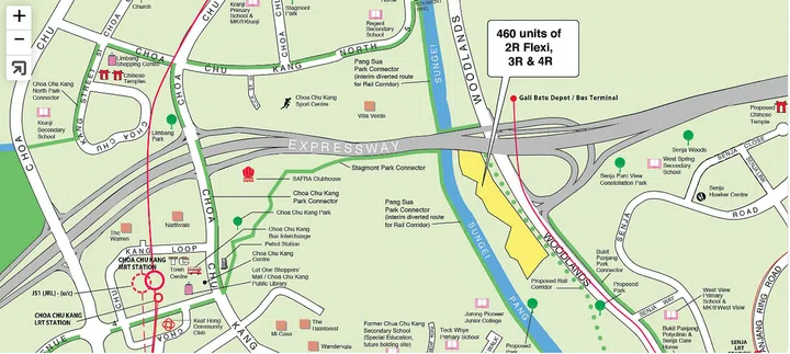 February HDB BTO 2024 exercise launch map. Between Woodlands Road and Sungei Pang Sua. Map from HDB