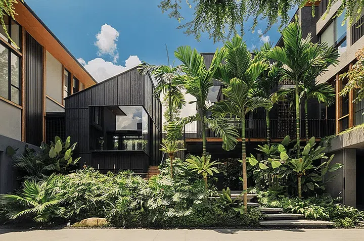 Seen from the courtyard, the two guest room pavilions cladded in dark grey Accoya wood contrast against the rest of the house. (Photo: Khoo Guo Jie)