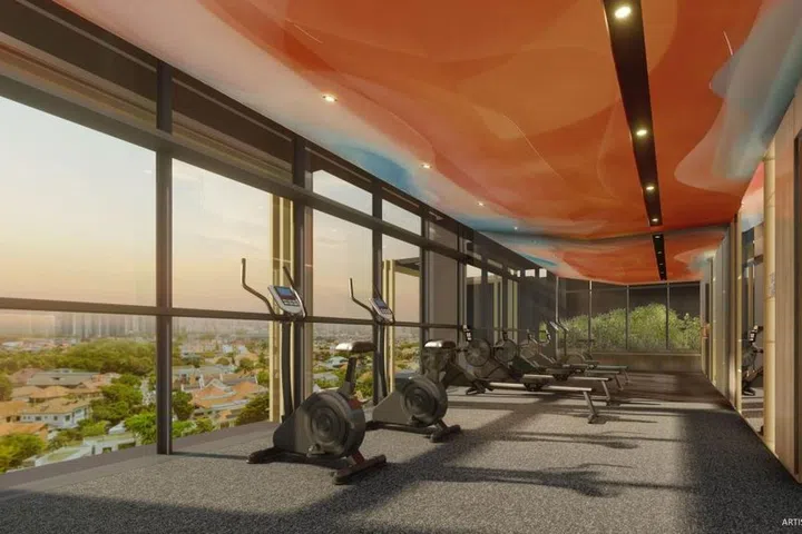 Artist's impression of the Meyer Blue condo gym with a view of the vicinity.