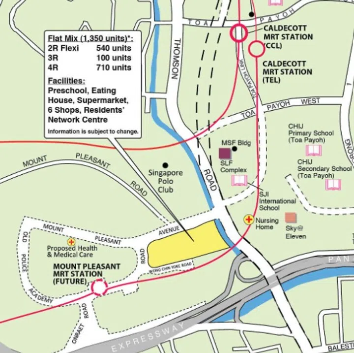 The Mount Pleasant Crest HDB BTO October 2025 site is located along Thomson Road, Mount Pleasant Avenue, and Old Police Academy Road.