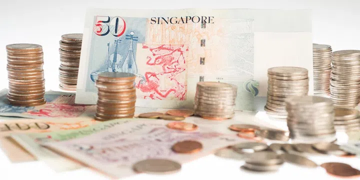Image of various Singapore currency denominations, notes, and coins