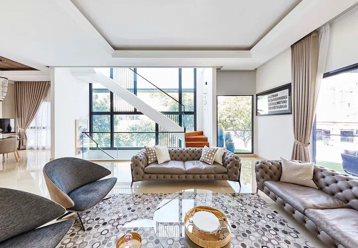 A luxurious formal living room on the second storey of this 4-storey terrace house in Telok Kurau.