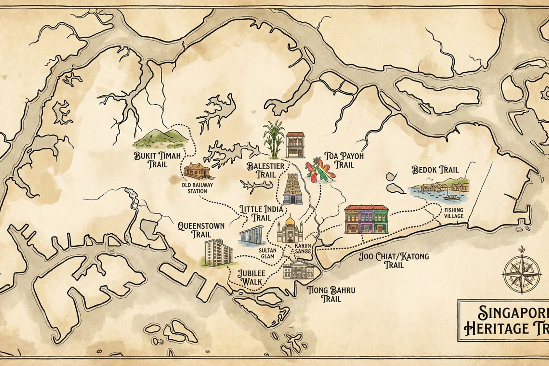 A drawing illustration of the singapore map with these heritage trails marked out.