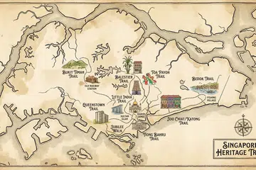 A drawing illustration of the singapore map with these heritage trails marked out.