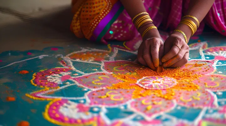 Close-up of hands crafting colorful rangoli design. a glimpse of cultural tradition and creativity. AI