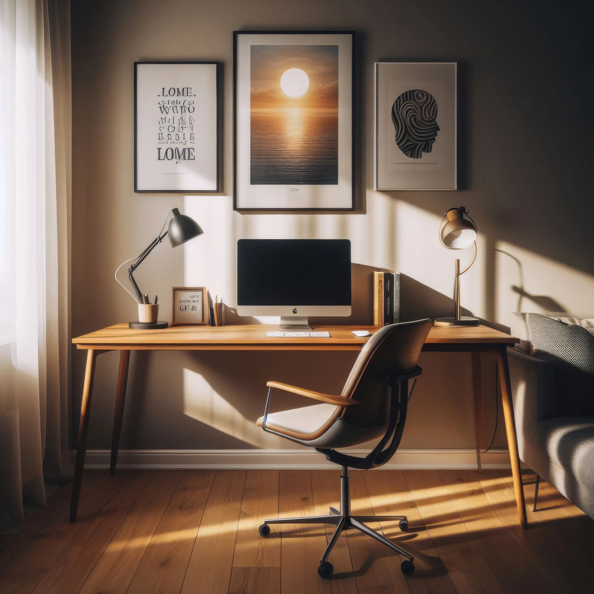 An inviting workspace bathed in warm light, perfect for creativity and contemplation. The carefully arranged decor and artistic prints inspire productivity while the soft glow of lamps adds a cozy atmosphere to the room.