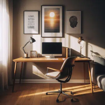 An inviting workspace bathed in warm light, perfect for creativity and contemplation. The carefully arranged decor and artistic prints inspire productivity while the soft glow of lamps adds a cozy atmosphere to the room.