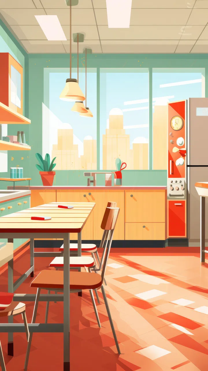 Illustration of an empty school or university kitchen.