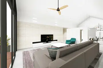 Interior designer’s rendering of the living room for this 3-bedroom condominium in East Coast.