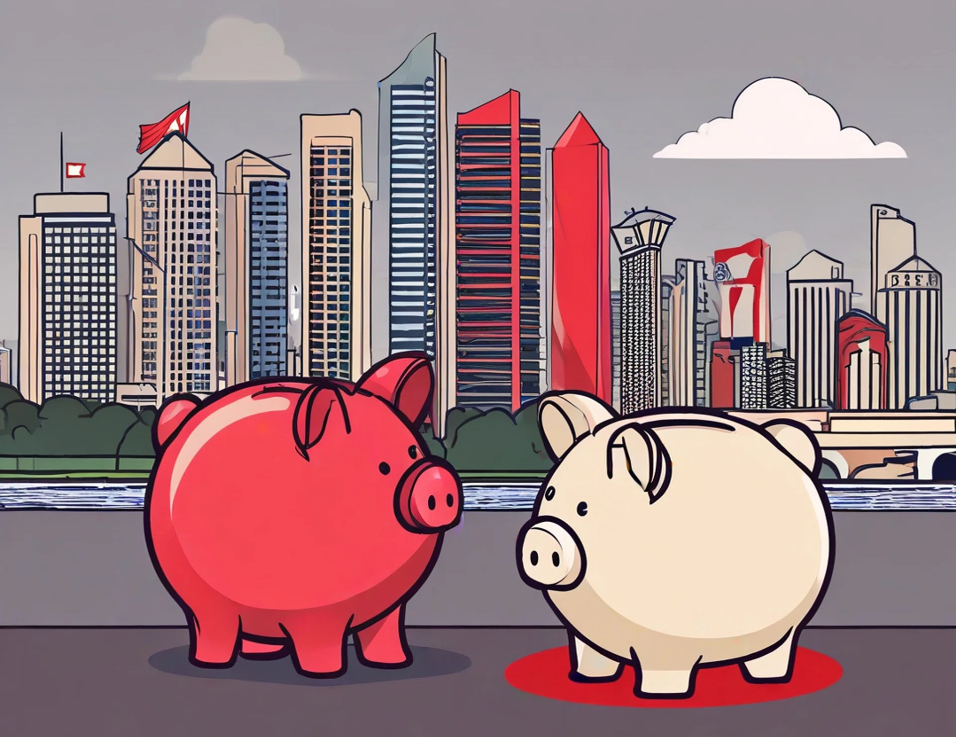 Vector cartoon of two piggy banks against Singapore skyline