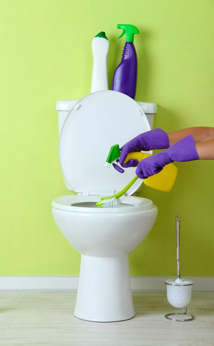 Woman hand with spray bottle cleaning a toilet bowl in a bathroom