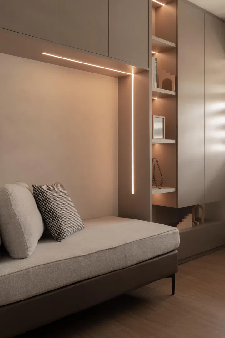 Structured cabinetry and soft linear lighting define the daybed nook, balancing subtle curves with restraint to create a calm, flexible study space.