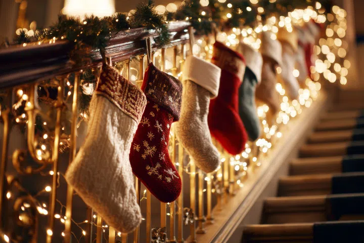 Warm holiday decorations adorn the staircase, featuring colorful Christmas stockings filled with gifts, illuminated by soft lights, creating a festive atmosphere in a home.