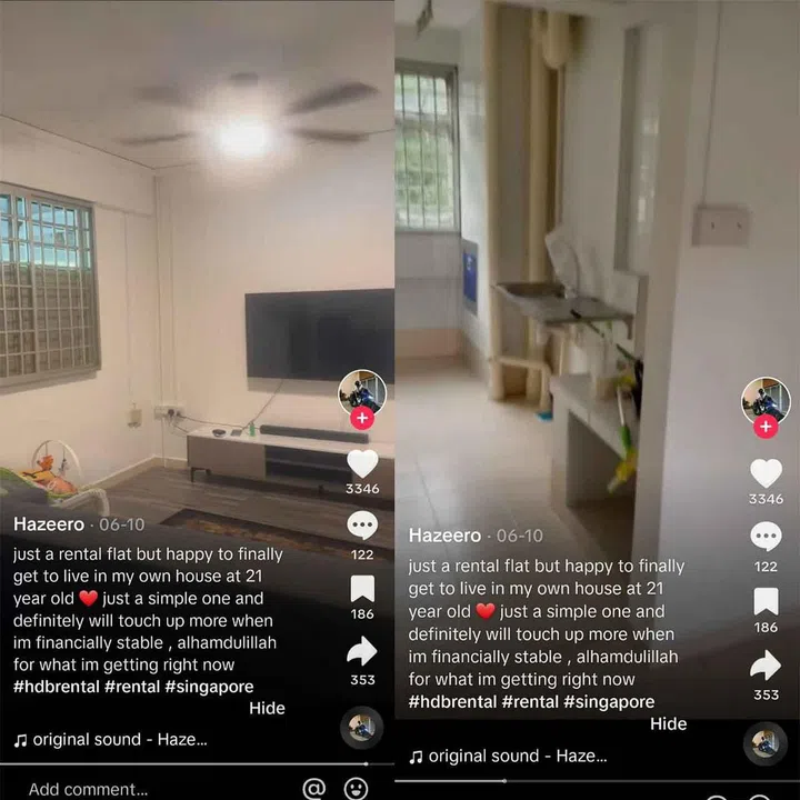 Tiktok account user Hazeero showcasing his new HDB Rental Flat 1-bedroom apartment