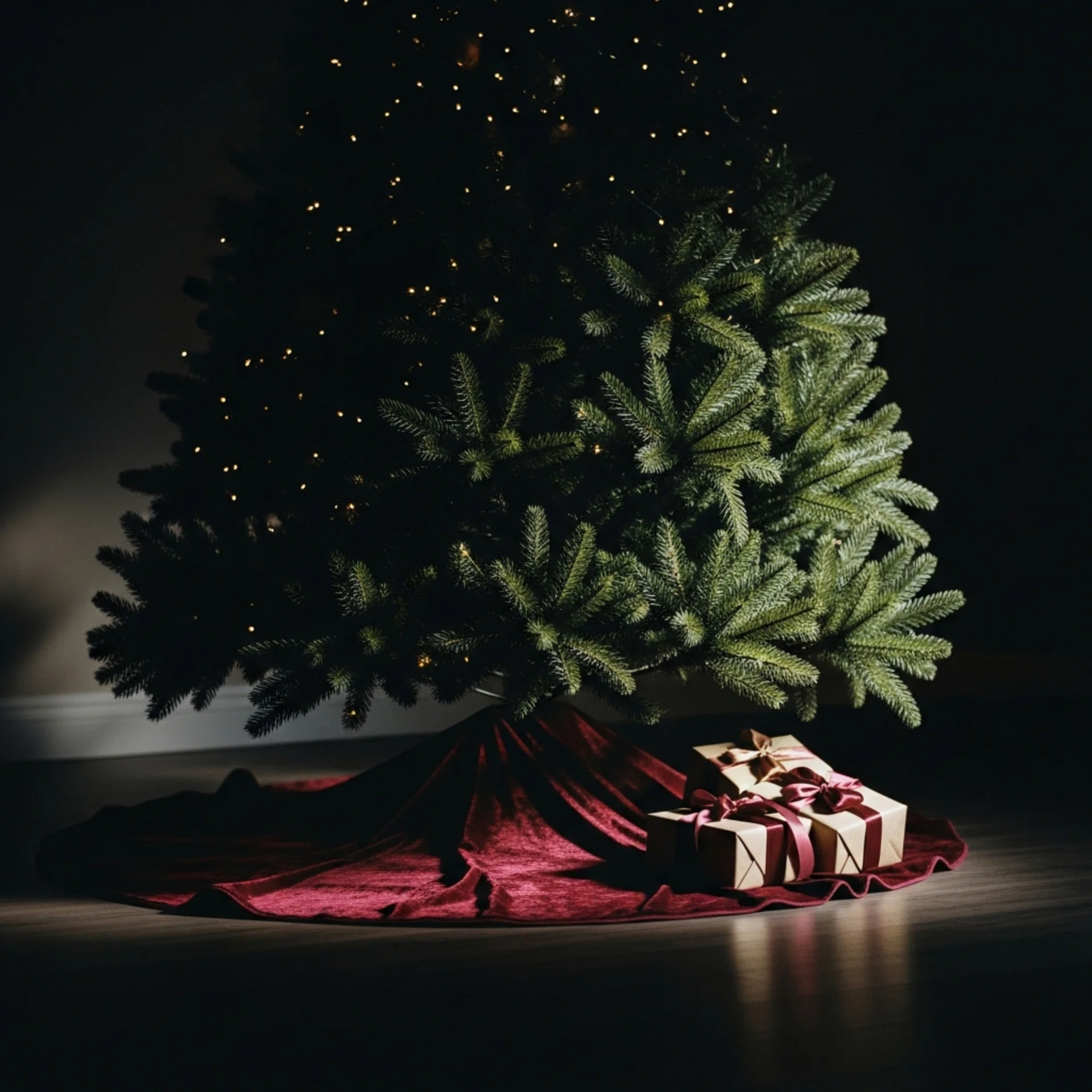 Christmas tree with gifts on a dark background. Christmas and New Year concept.