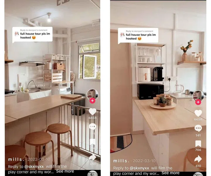 Tiktok account screengrab - user Mill's warm wood and cosy interior design of her HDB Rental Flat