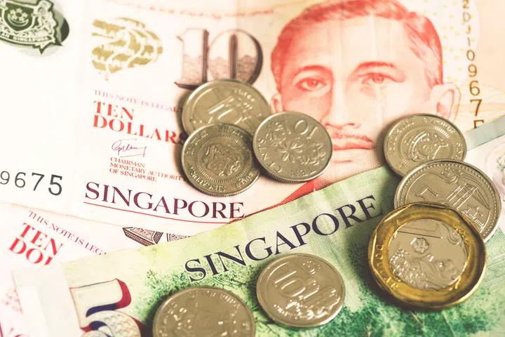 dollars and cents closeup with selective focus on Singapore word 