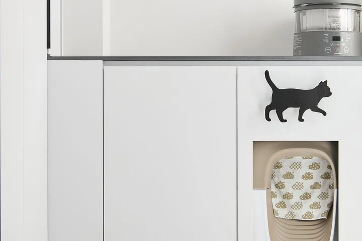 Built-in carpentry space for the cat's litter box, and a robot vacuum cleaner.