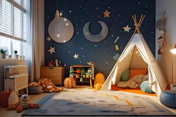 Children's room with a teepee and toys. 3d rendering