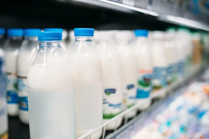 Row of milk bottles in fridge, food store.