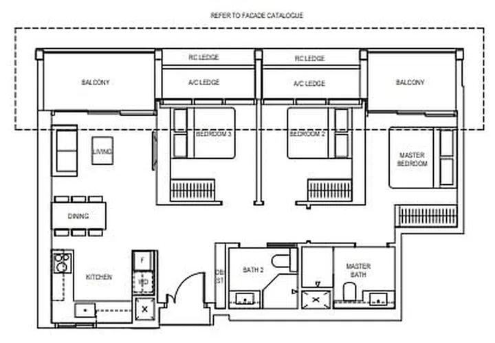 Canninghill Piers e-bedroom (Type C1a) condo unit floor plan spanning 947 sqft. Image from Canninghill Piers brochure