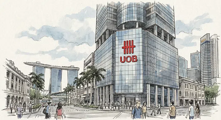 A drawing illustration of a UOB logo on an office building in singapore.