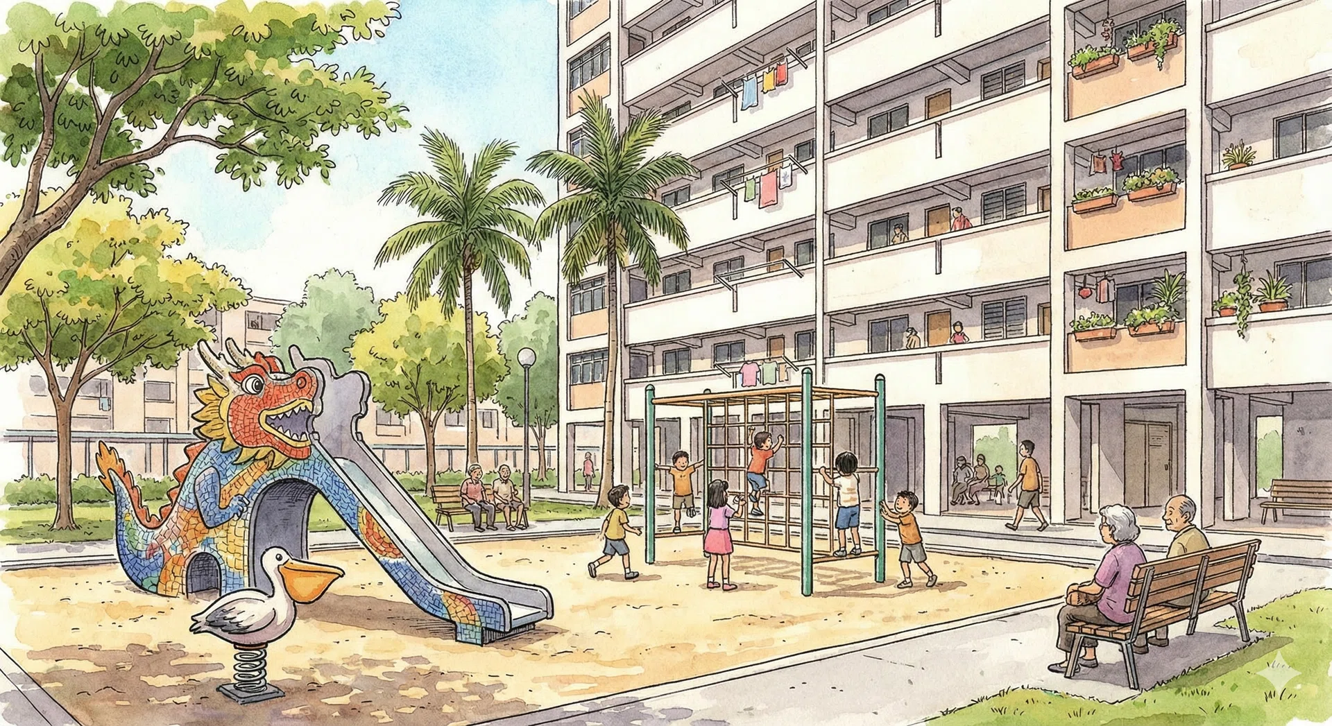 A drawing illustration of a HDB playground next to a HDB building.