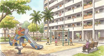A drawing illustration of a HDB playground next to a HDB building.