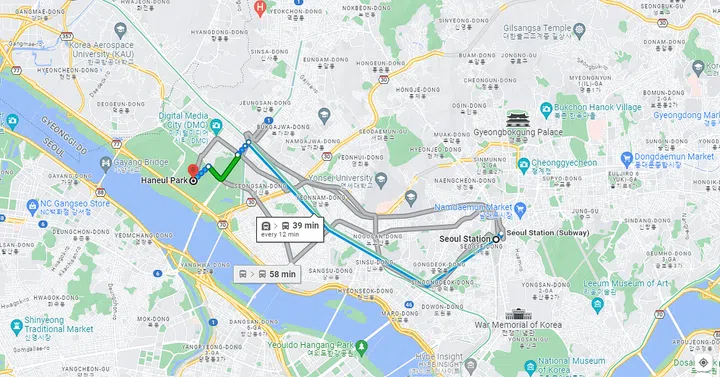 Map showing Opening in 2027, the Seoul Ring Ferris Wheel will be located in Hanuel Park, a 40 minute subway train ride from central Seoul Station.