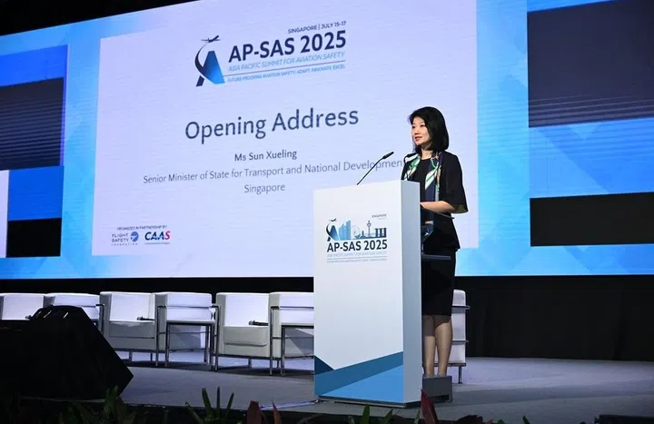Former Senior Minister of State for Transport Sun Xueling addressing aviation professionals at the 3rd Asia Pacific Summit for Aviation Safety on July 15, 2025.