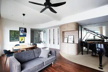 living room, grand piano, fan, dining room, art, sofa