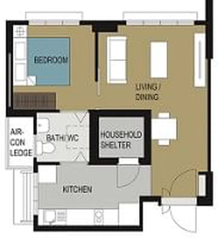 Punggol Northshore Cove BTO 2-Room Flexi Type 2 spans 47 sqm. Image MyNiceHome HDB