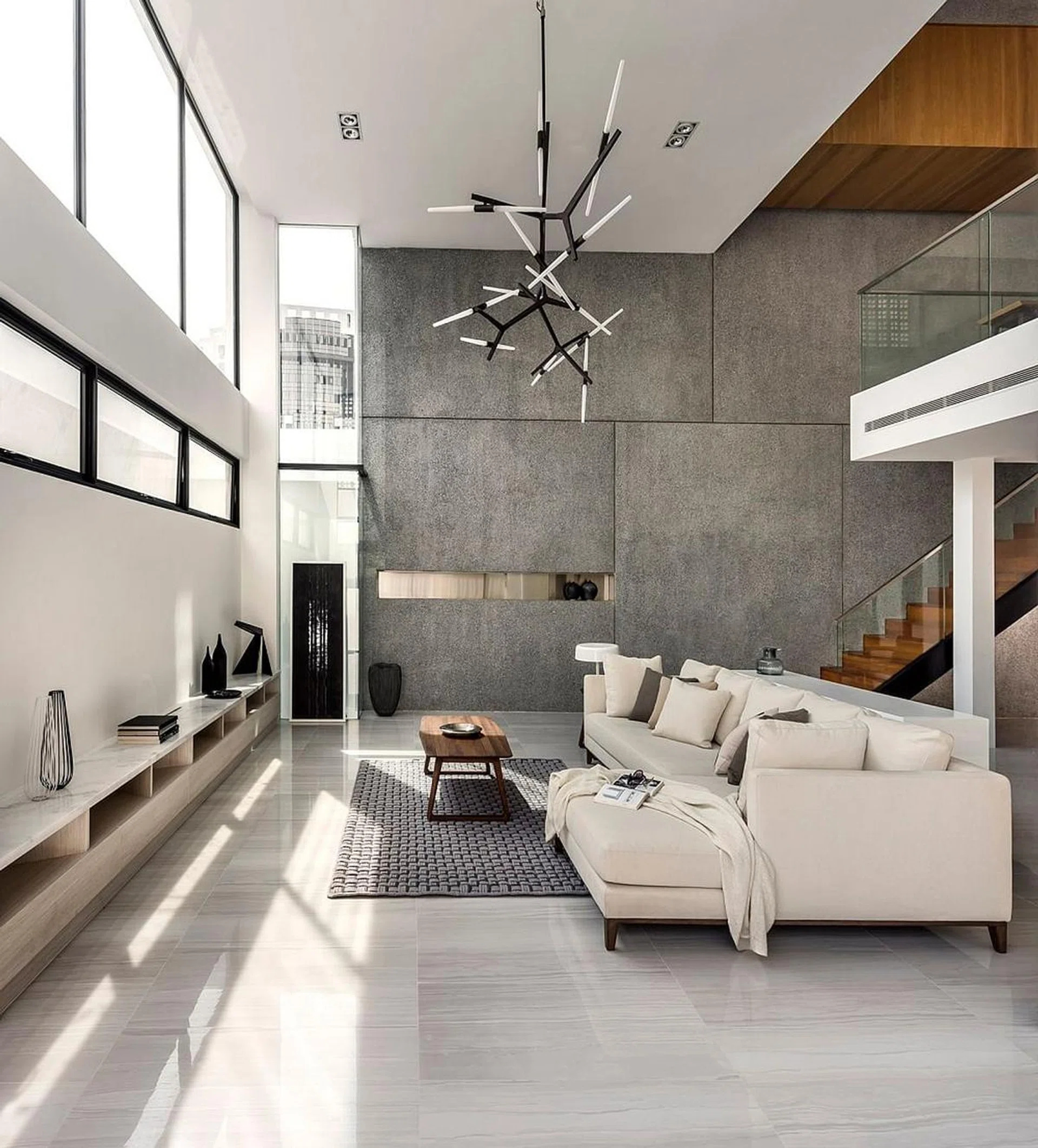 The interiors of this semi-detached house in Singapore have a contemporary aesthetic, with linear and angular elements.