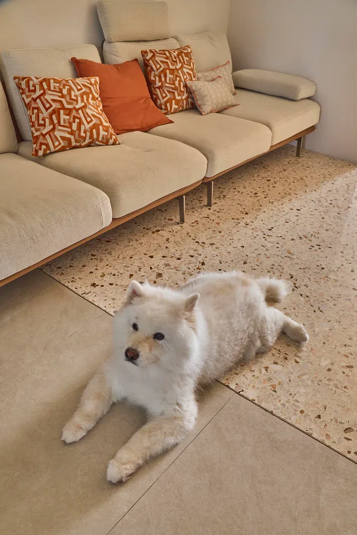 Original terrazzo flooring was retained and levelled, creating a continuous surface that unifies the living area.
