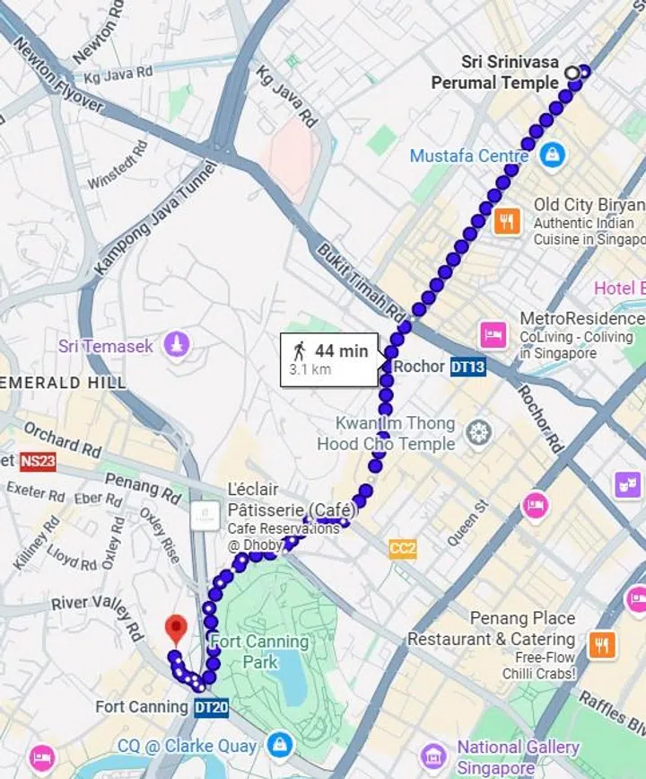 The annual Thaipusam festival in Singapore sees a 4km foot procession from Sri Srinivasa Perumal Temple in Serangoon Road to Sri Thendayuthapani Temple on Tank Road.