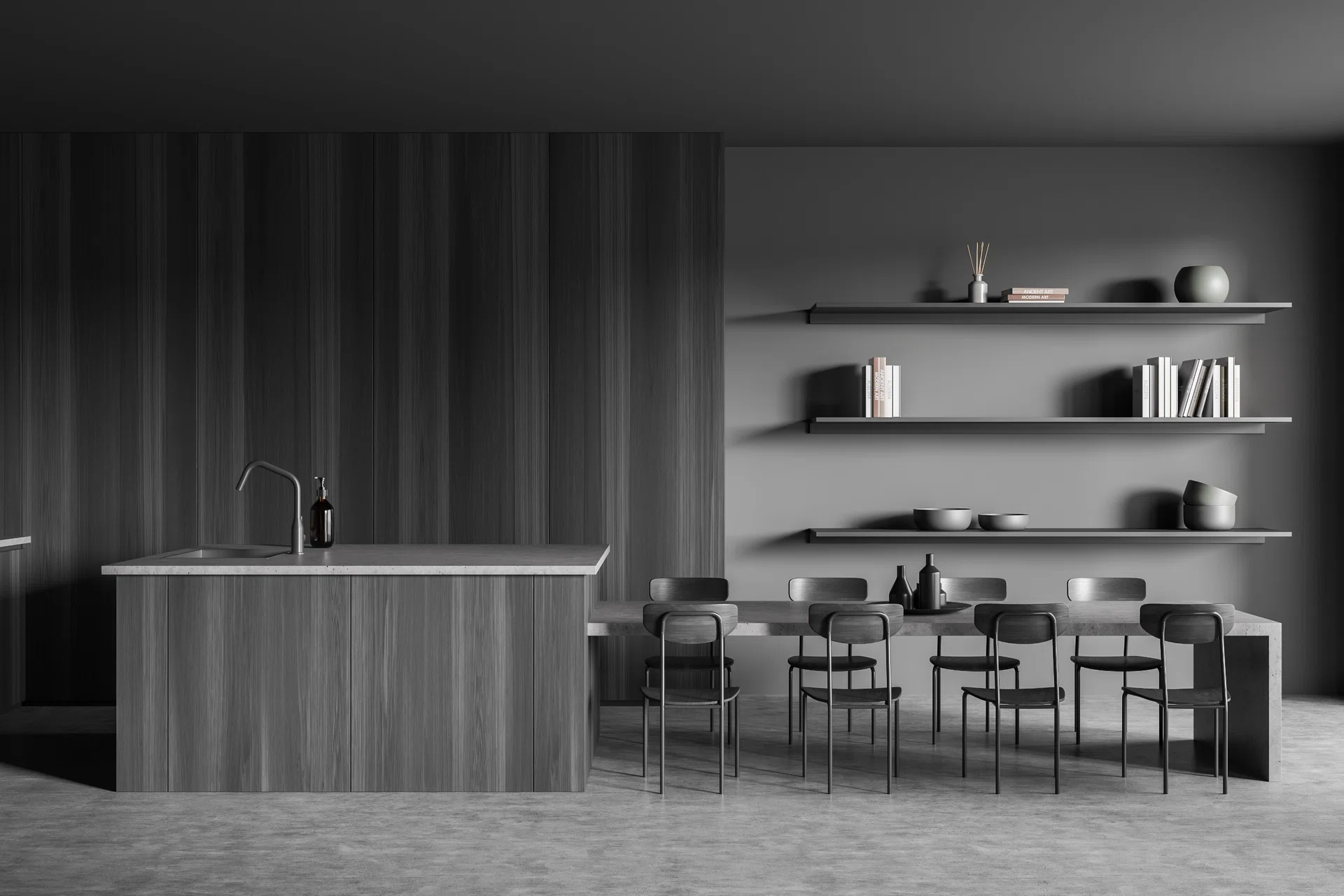 Dark dining interior with island, table and chairs on gray concrete floor, front view. Minimalist kitchen with shelf and art decoration. 3D rendering.