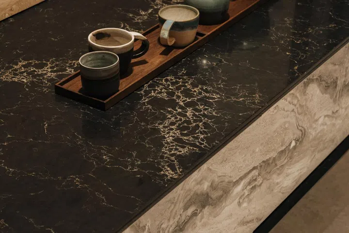 Close up of travertine and sandstone veins in a semi-detached at Jalan Belibas, Upper Thomson.