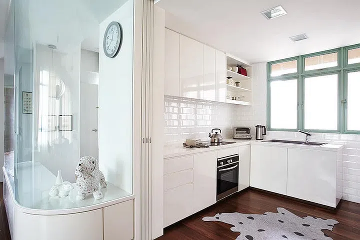 kitchen, clock, subway tiles
