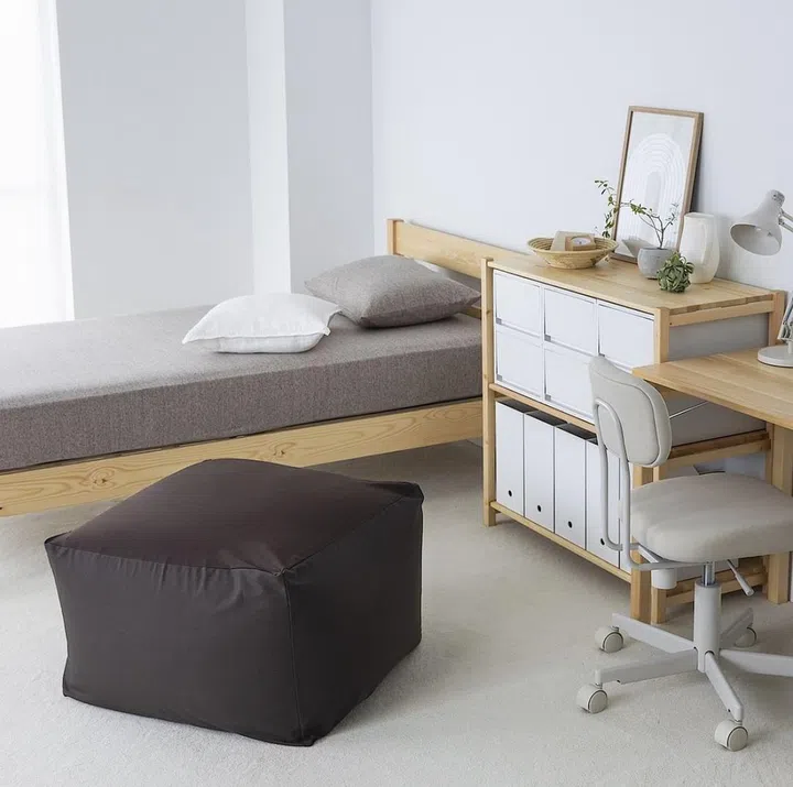 brown bean bag in a Japanese Scandinavian light interior