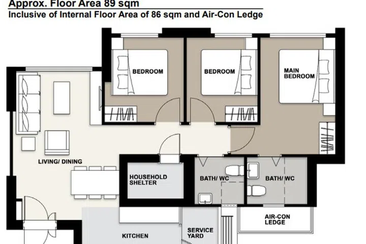 Ghim Moh Natura BTO 89 sqm 4-room floor plan.
