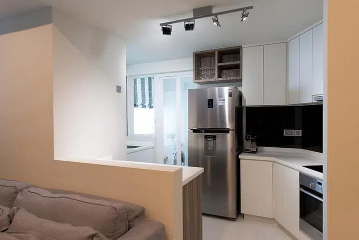 kitchen, living room, sofa