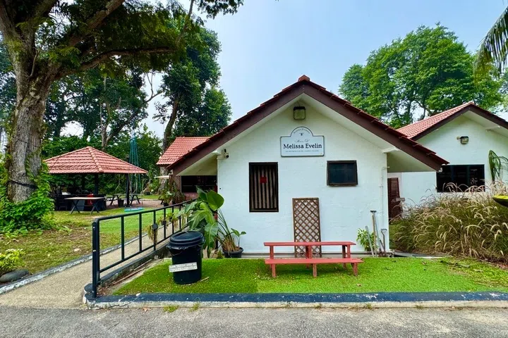 View of House of Melissa Evelin from the road, featuring ample free parking. The entrance is flanked by a rooster cage and an apiary set among lush garden foliage.