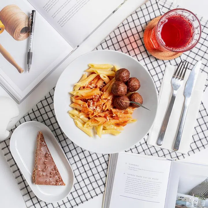 IKEA Plant ball penne pasta, paired with an Almond crunchy chocolate cake and a refillable drink