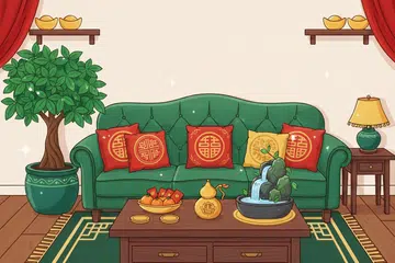 A drawing illustration of a living room decked out in chinese new year decorations.