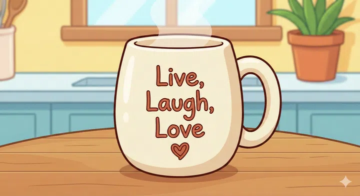 A cartoon drawing on a mug with the words “Live, Laugh, Love” on it.