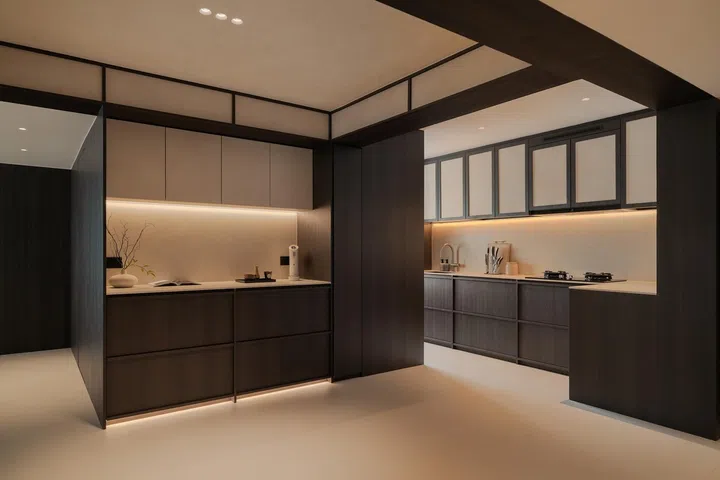 The original kitchen wall was removed to open up views across the home, creating an uninterrupted visual connection between the pantry, kitchen and living spaces.